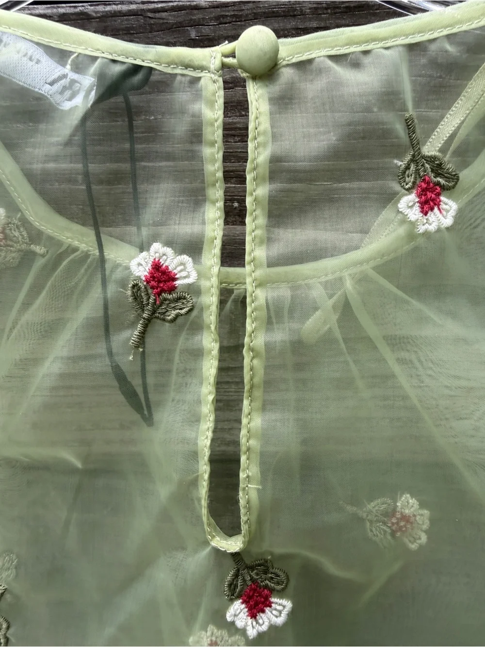 Zara Light Green Floral Embroidered Organza Puff Sleeve Blouse Sheer Top Medium